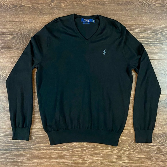 Polo Ralph Lauren Pima Cotton Men’s Black V-Neck Long Sleeve Sweater Size Medium - Picture 1 of 4
